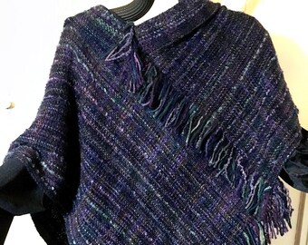 PONCHO. Handwoven and Hand dyed.  Blues and Purples. Soft, Warm and Dreamy