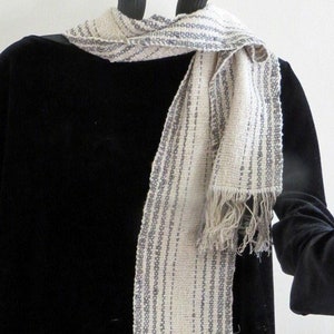 SCARF, Handwoven Cotton Rayon and Rayon Chenille,Narrow, Soft and Flowing,White and Grey image 1