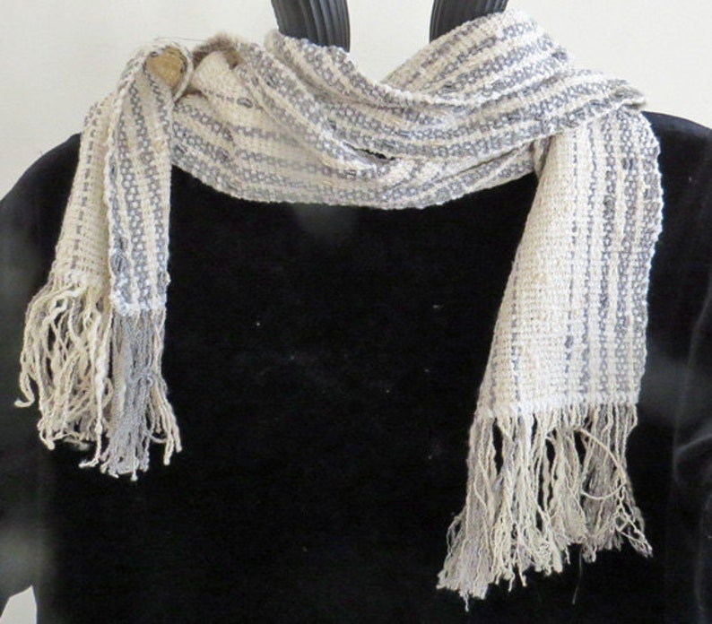 SCARF, Handwoven Cotton Rayon and Rayon Chenille,Narrow, Soft and Flowing,White and Grey image 4