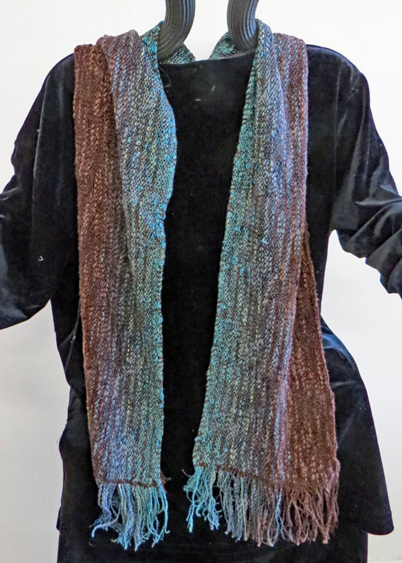 SCARF Long, Handwoven Cotton, Rayon, and Rayon Chenille. Soft, Brown,Green and Grey image 2