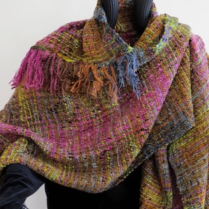 RUANA, Handwoven, Hand painted Yarns, Triangular, Bronze with greens and ruby