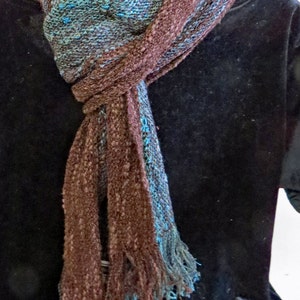 SCARF Long, Handwoven Cotton, Rayon, and Rayon Chenille. Soft, Brown,Green and Grey image 5