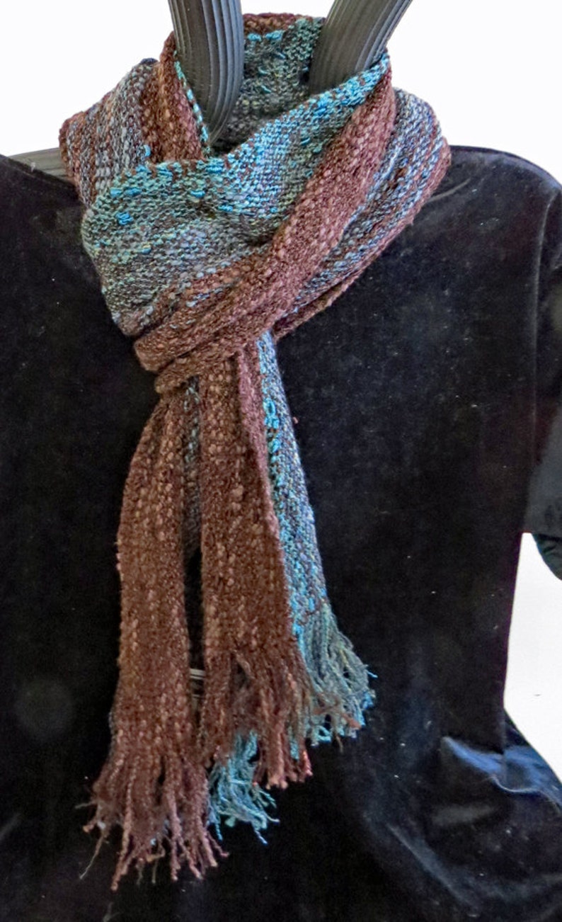 SCARF Long, Handwoven Cotton, Rayon, and Rayon Chenille. Soft, Brown,Green and Grey image 5