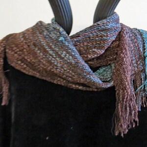 SCARF Long, Handwoven Cotton, Rayon, and Rayon Chenille. Soft, Brown,Green and Grey image 1