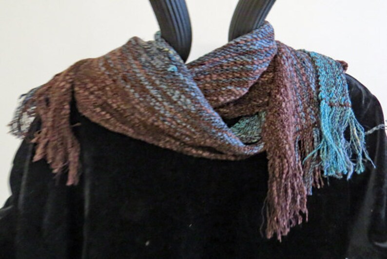 SCARF Long, Handwoven Cotton, Rayon, and Rayon Chenille. Soft, Brown,Green and Grey image 1