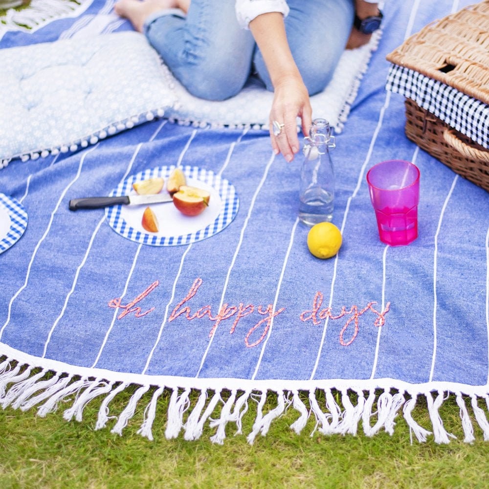 Couverture de Pique-Nique Ronde Brodée à La Main, Cadeau Barbecue, d'été, d'ami