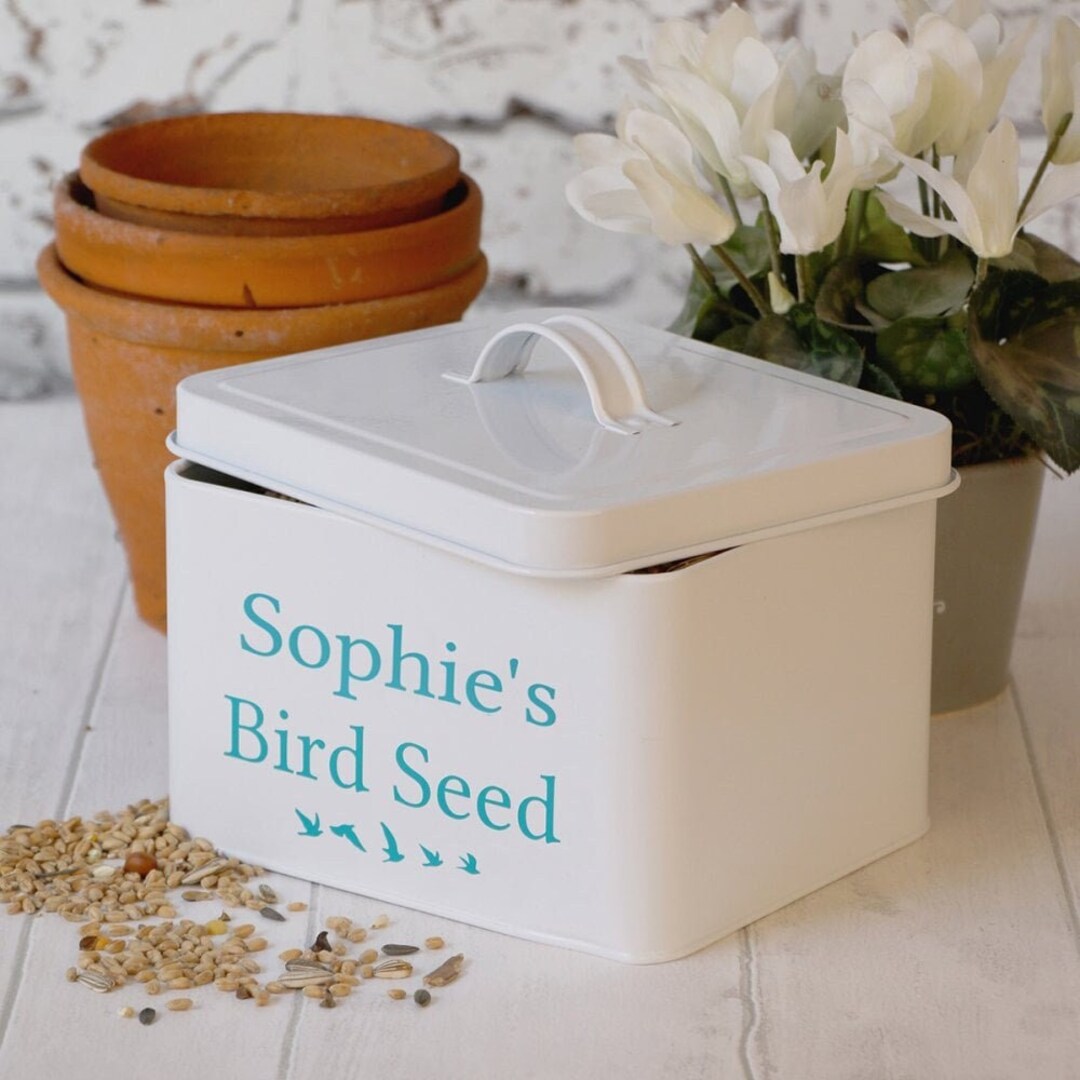 Personalised Bird Seed Tin With Lid, Large Airtight Storage Container