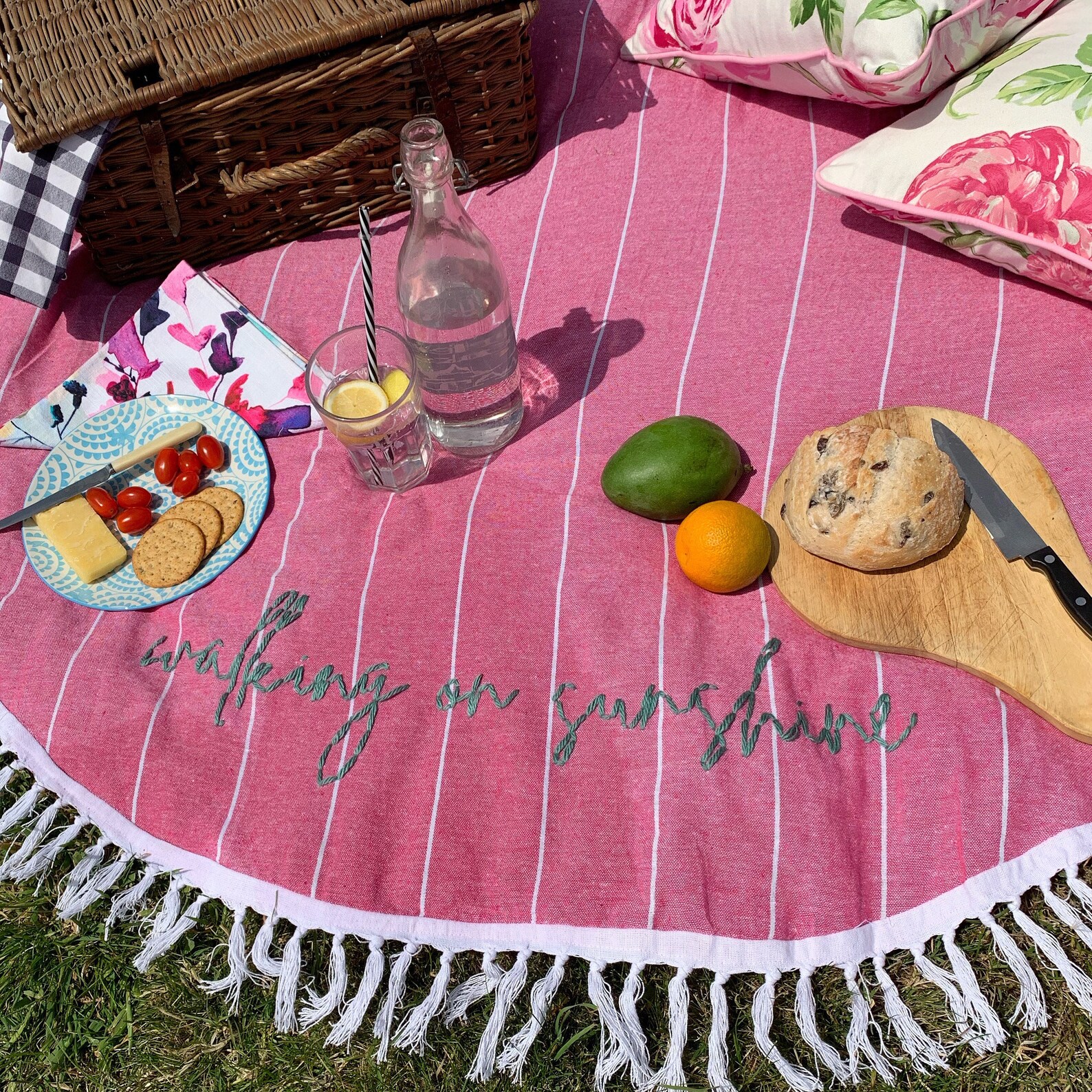 Hand Embroidered Picnic Blanketround Blanketsummerfriend Etsy