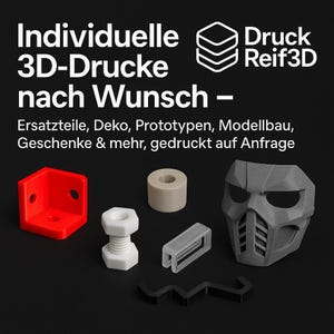 Könnte beinhalten: Eine Auswahl an 3D-gedruckten Objekten in verschiedenen Farben und Formen, darunter ein roter Eckwinkel, eine weiße Schraube, eine graue Maske und andere geometrische Formen. Der Text "Individuelle 3D-Drucke nach Wunsch - Druck Reif3D" ist enthalten.