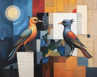 Cubist Blue Orange Birds Canvas Print | Colorful Abstract Wall Decor
