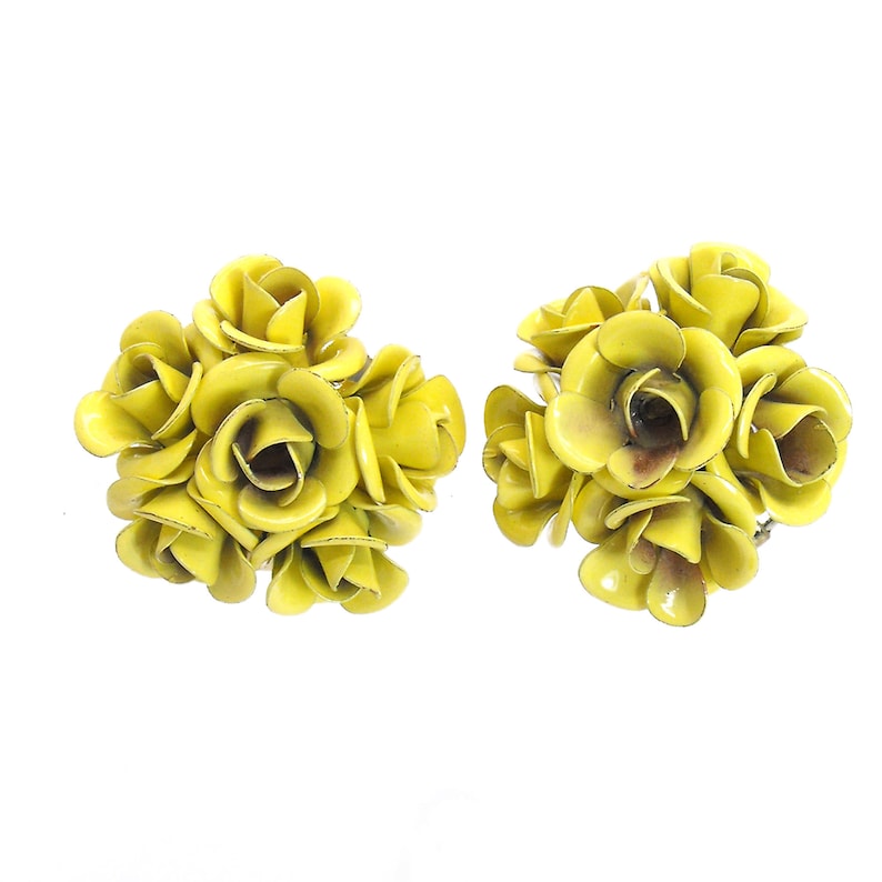 Yellow Enamel Rose Flower Earrings Pierced Glod Plated Clusters