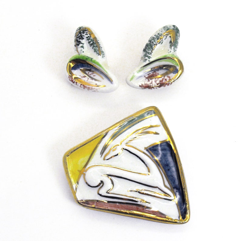 Vintage Art Deco Gazelle Brooch Earrings Set Eames Era Italy Artisan Ceramic