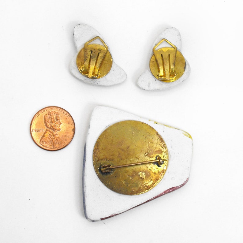 Vintage Art Deco Gazelle Brooch Earrings Set Eames Era Italy Artisan Ceramic