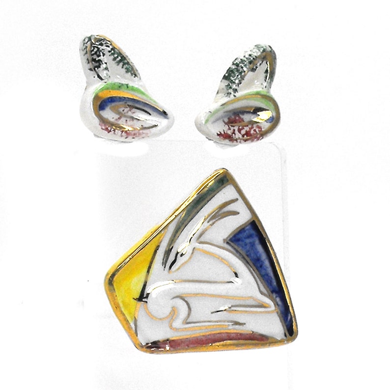 Vintage Art Deco Gazelle Brooch Earrings Set Eames Era Italy Artisan Ceramic