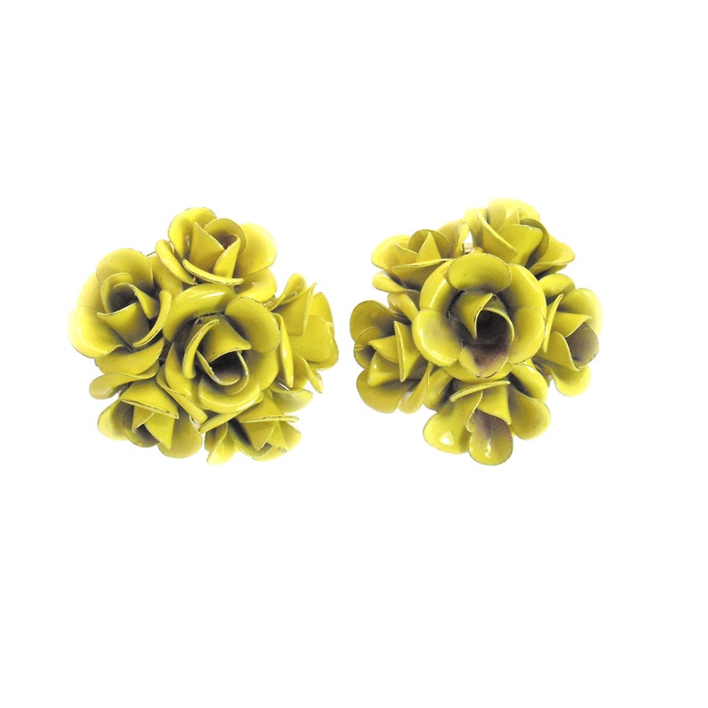 Yellow Enamel Rose Flower Earrings Pierced Glod Plated Clusters