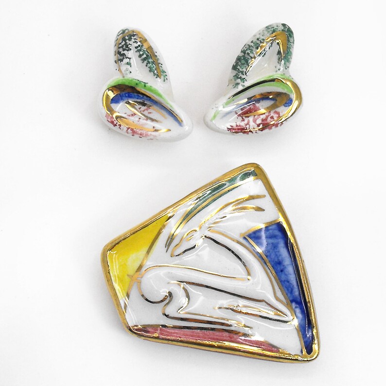 Vintage Art Deco Gazelle Brooch Earrings Set Eames Era Italy Artisan Ceramic