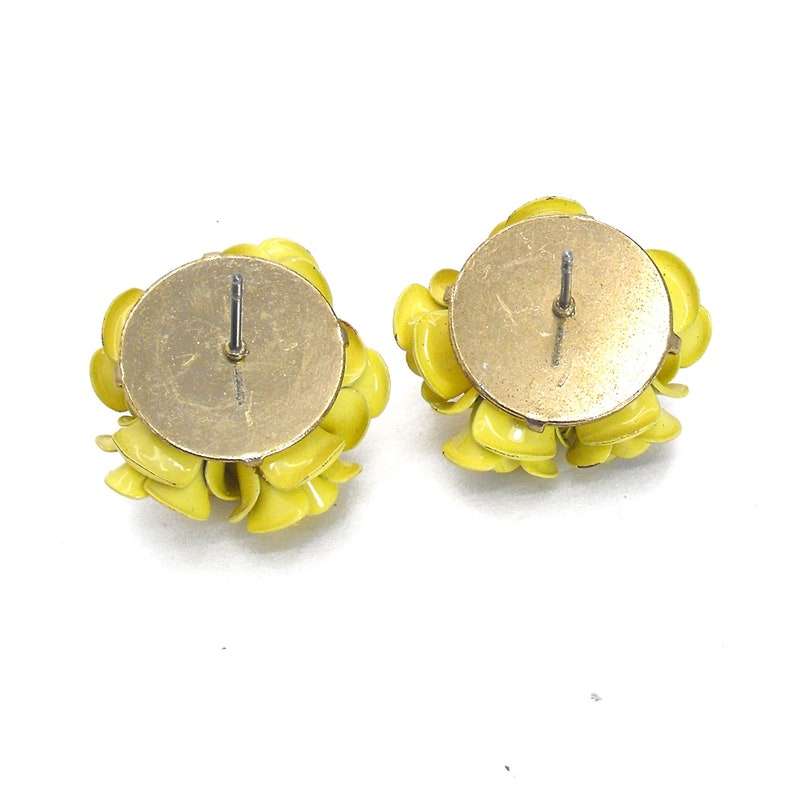 Yellow Enamel Rose Flower Earrings Pierced Glod Plated Clusters
