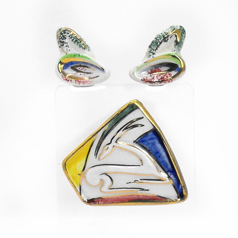Vintage Art Deco Gazelle Brooch Earrings Set Eames Era Italy Artisan Ceramic