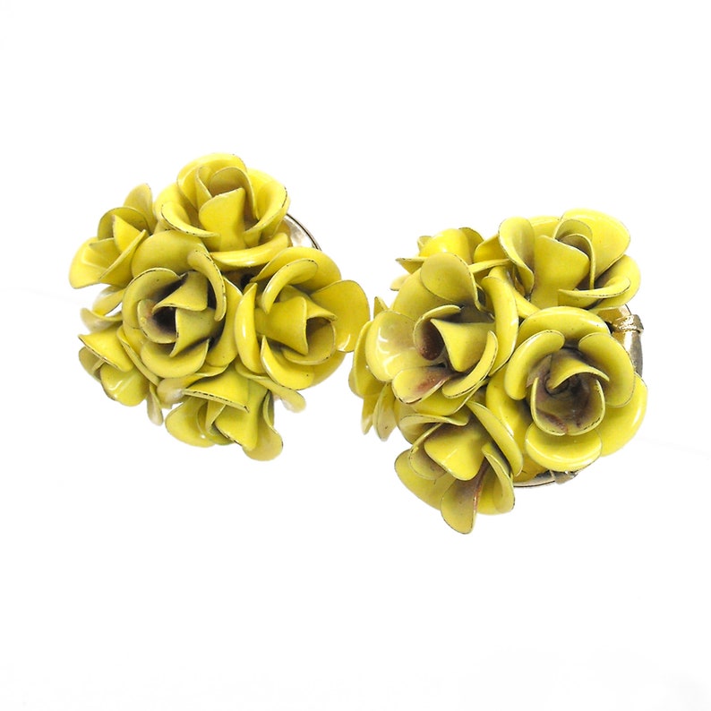 Yellow Enamel Rose Flower Earrings Pierced Glod Plated Clusters