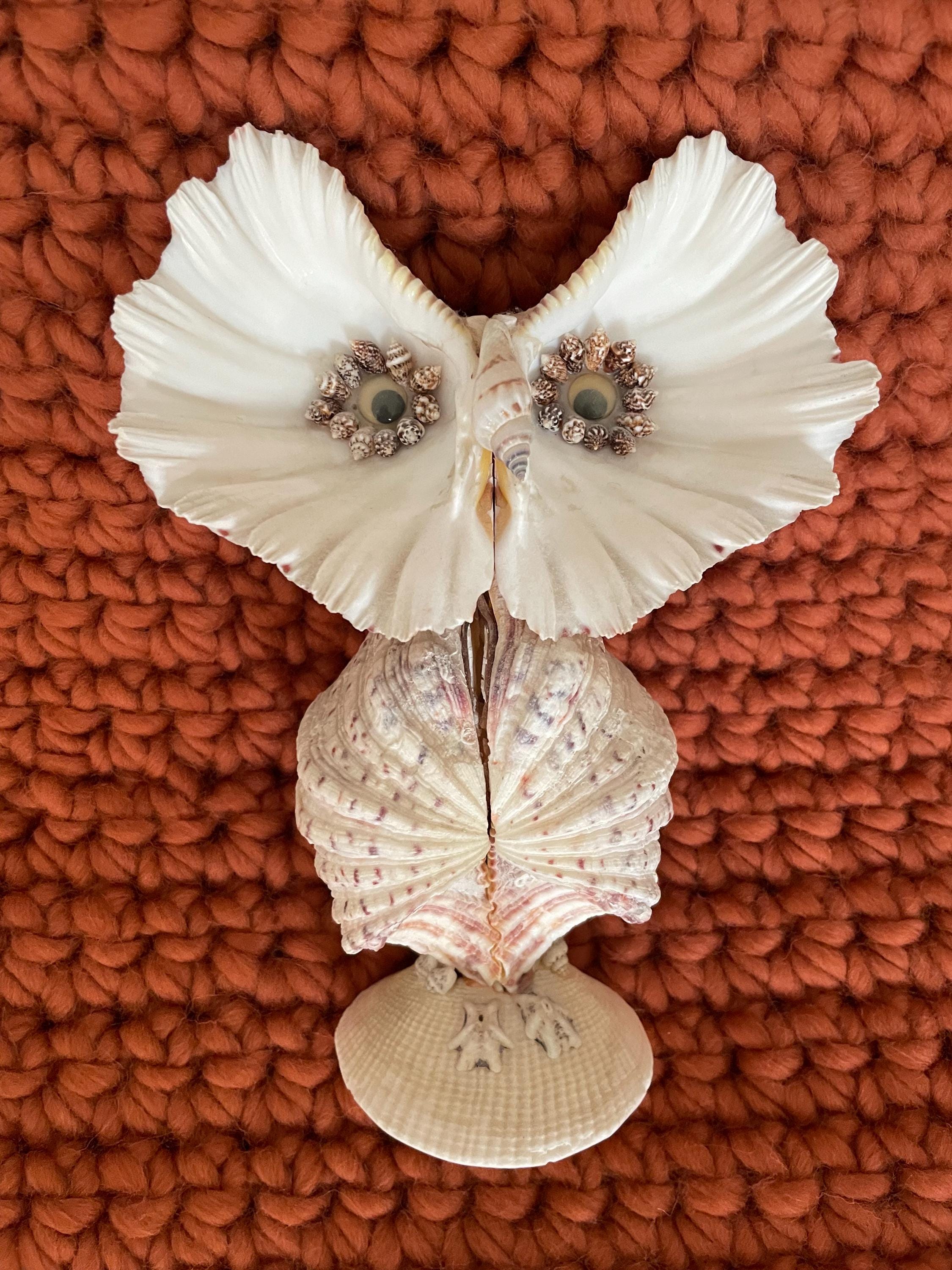 Vintage 1970s Shell Owl Decor - Coastal Figurine (9 inch)