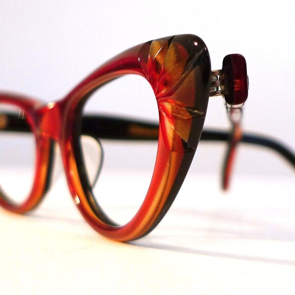 Ruby Red and Honey Dipped Carved Cat Eye Frames, Mad Men Eyeglasses or Sunglasses, Golden Black Accents, NOS