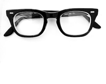 Vintage 50s 60s Black Wayfarer Eyeglasses Frames Bigger Sunglasses Mad Men Women Nerd Geek USS B&L Keyhole Bridge 46mm Lens SALE