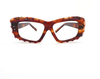 Big 50mm Tiki Carved French Eyeglass Frame  / Tortoise / Mad Scientist / Susan Test Nerd Mod NOS Unused Vintage 60s GoGo