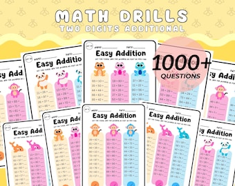 May include: A set of printable worksheets for kids to practice two-digit addition. The worksheets feature colorful cartoon animals and the text "Easy Addition". There are over 1000 addition problems.