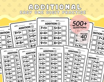 May include: Black and white printable worksheets for practicing addition with one-digit numbers. The worksheets include the title "ADDITION" and have a variety of addition problems. The text "500+ QUESTIONS" and "INCLUDE 40 SET" is also included on the worksheets.