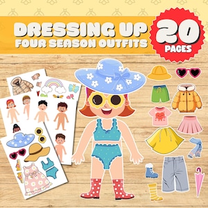 May include: A colorful paper doll set with the text "Dressing Up Four Season Outfits" and "20 Pages". The set includes a paper doll, clothing, and accessories for different seasons, such as a winter coat, shorts, and a sun hat.