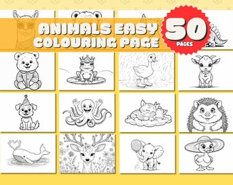 Può includere: Un libro da colorare intitolato "ANIMALS EASY COLOURING PAGE" con 50 pagine. La copertina presenta un'illustrazione di un lama. All'interno, ci sono vari disegni di animali in bianco e nero, tra cui un orso, una rana, un'anatra, una capra, un cane, un polpo, un gatto, un riccio, una balena, un cervo, un elefante e un'anatra.