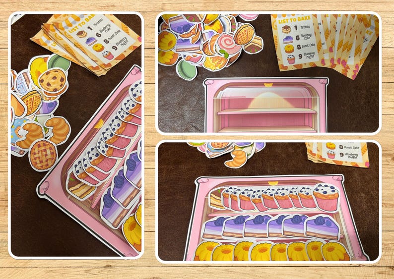 May include: A collage of colorful paper cutouts of baked goods, including cakes, muffins, and croissants, arranged around a pink bakery display case. Several cards with a "List to Bake" theme are also present.