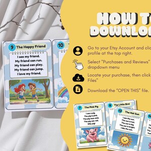 Puede incluir: Tarjetas did&aacute;cticas con ilustraciones y texto. Las tarjetas presentan im&aacute;genes coloridas de un cerdo, el sol, helado y ni&ntilde;os. El texto de las tarjetas incluye frases como "The Happy Friend" y "I see my friend."