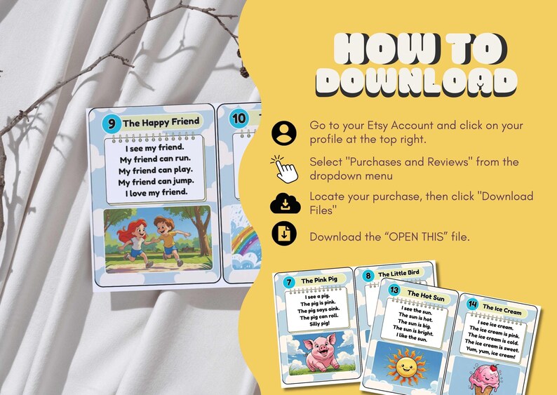 Puede incluir: Tarjetas did&aacute;cticas con ilustraciones y texto. Las tarjetas presentan im&aacute;genes coloridas de un cerdo, el sol, helado y ni&ntilde;os. El texto de las tarjetas incluye frases como "The Happy Friend" y "I see my friend."