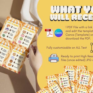 May include: A collection of printable baking lists with colorful illustrations of baked goods. The lists are held by hands and feature text such as "List to Bake" and "What You Will Receive". The image also includes a PDF and Canva logo.