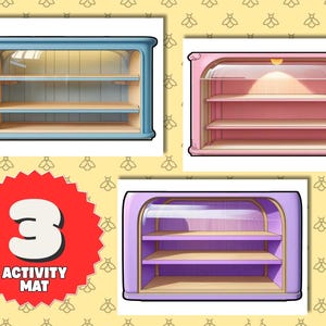 May include: Three colorful toy display cabinets in blue, pink, and purple, each with a curved glass front and wooden shelves. The image includes a red circle with the number "3" and the words "ACTIVITY MAT".