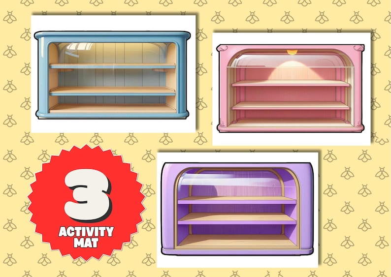 May include: Three colorful toy display cabinets in blue, pink, and purple, each with a curved glass front and wooden shelves. The image includes a red circle with the number "3" and the words "ACTIVITY MAT".