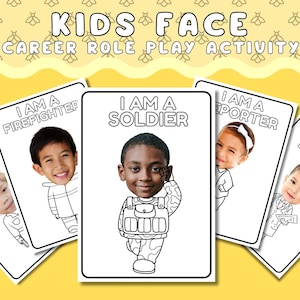 May include: Five black and white printable cards with different professions for kids to color. The cards feature a teacher, firefighter, soldier, reporter, and doctor. Each card has the text "I am a" and the profession name.