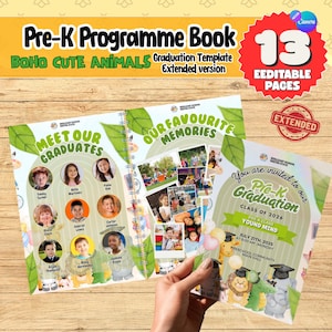 Può includere: Un libro di programma Pre-K con il tema "Boho Cute Animals". La copertina presenta il testo "Meet Our Graduates" con foto di bambini. Il libro include 13 pagine modificabili e un modello di laurea. La versione estesa include "Our Favourite Memories".