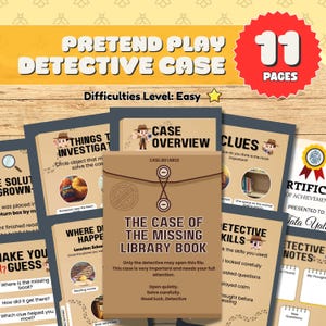 May include: A pretend play detective case with the text "The Case of the Missing Library Book." The kit includes 11 pages of clues and challenges. The difficulty level is easy.