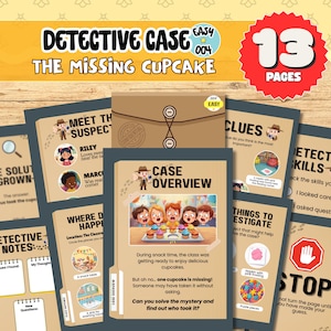 Puede incluir: Un juego de detectives para niños llamado "Detective Case: The Missing Cupcake". El conjunto incluye 13 páginas de pistas, resúmenes de casos y notas de detective. El caso se desarrolla en un aula e involucra una magdalena desaparecida.