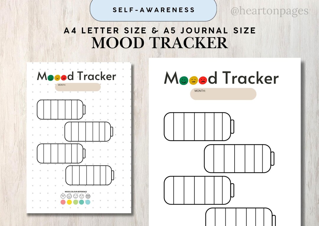 Mood Tracker Printable Journal, BATTERY SET, Monthly Mood Planner ...