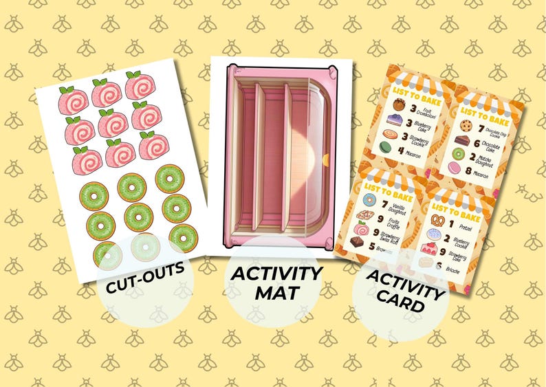 May include: A colorful activity set with cut-outs of pink pastries and green kiwi slices, a pink activity mat, and activity cards with baking lists. The text on the cards reads "List to Bake". The background is yellow with bee patterns.