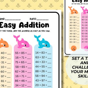 May include: A printable worksheet with the title "Easy Addition" and a set of addition problems for kids. The worksheet features colorful cartoon dolphins and a timer to encourage speed and accuracy.