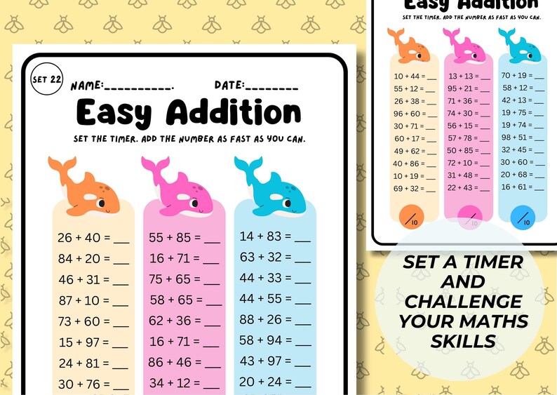May include: A printable worksheet with the title "Easy Addition" and a set of addition problems for kids. The worksheet features colorful cartoon dolphins and a timer to encourage speed and accuracy.