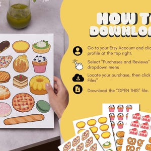 May include: A white card featuring colorful illustrations of various baked goods, including pastries, cakes, and bread. The card is held by hands, with additional sheets of similar designs visible. Text on the right side reads "HOW TO DOWNLOAD" with instructions.