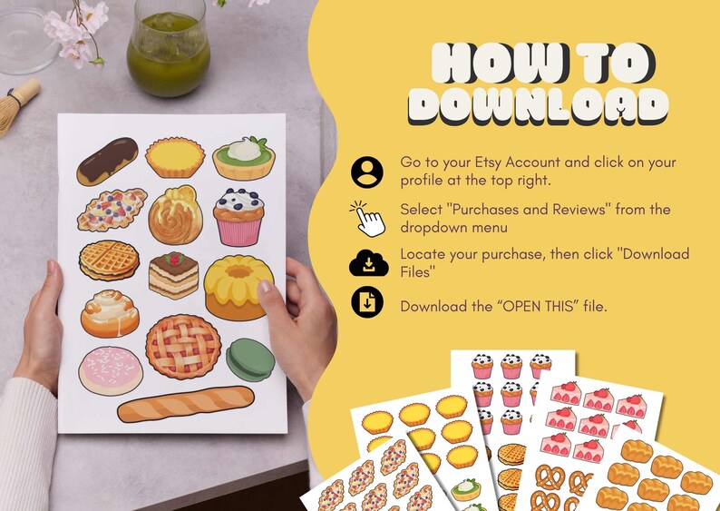 May include: A white card featuring colorful illustrations of various baked goods, including pastries, cakes, and bread. The card is held by hands, with additional sheets of similar designs visible. Text on the right side reads "HOW TO DOWNLOAD" with instructions.