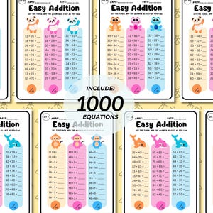 May include: Six printable worksheets with colorful cartoon animals and 1000 addition equations for kids. Each worksheet has three columns with numbers to add together. The worksheets are titled "Easy Addition".
