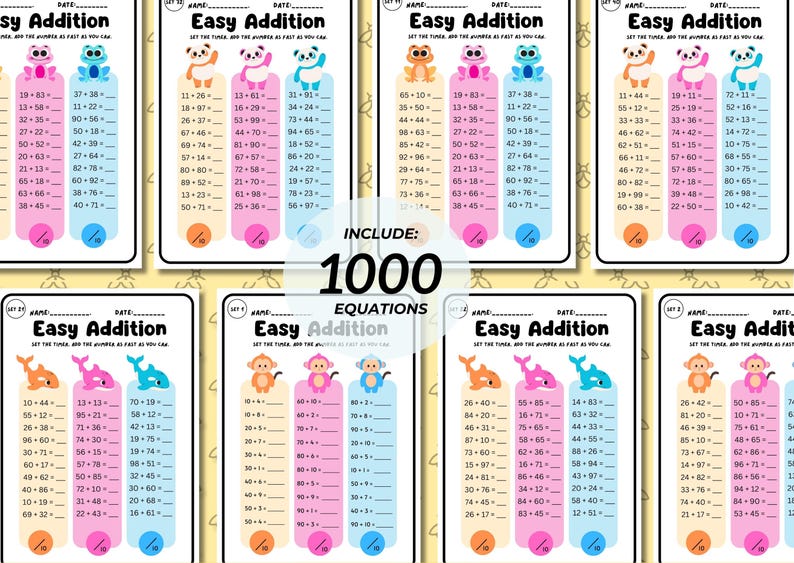 May include: Six printable worksheets with colorful cartoon animals and 1000 addition equations for kids. Each worksheet has three columns with numbers to add together. The worksheets are titled "Easy Addition".