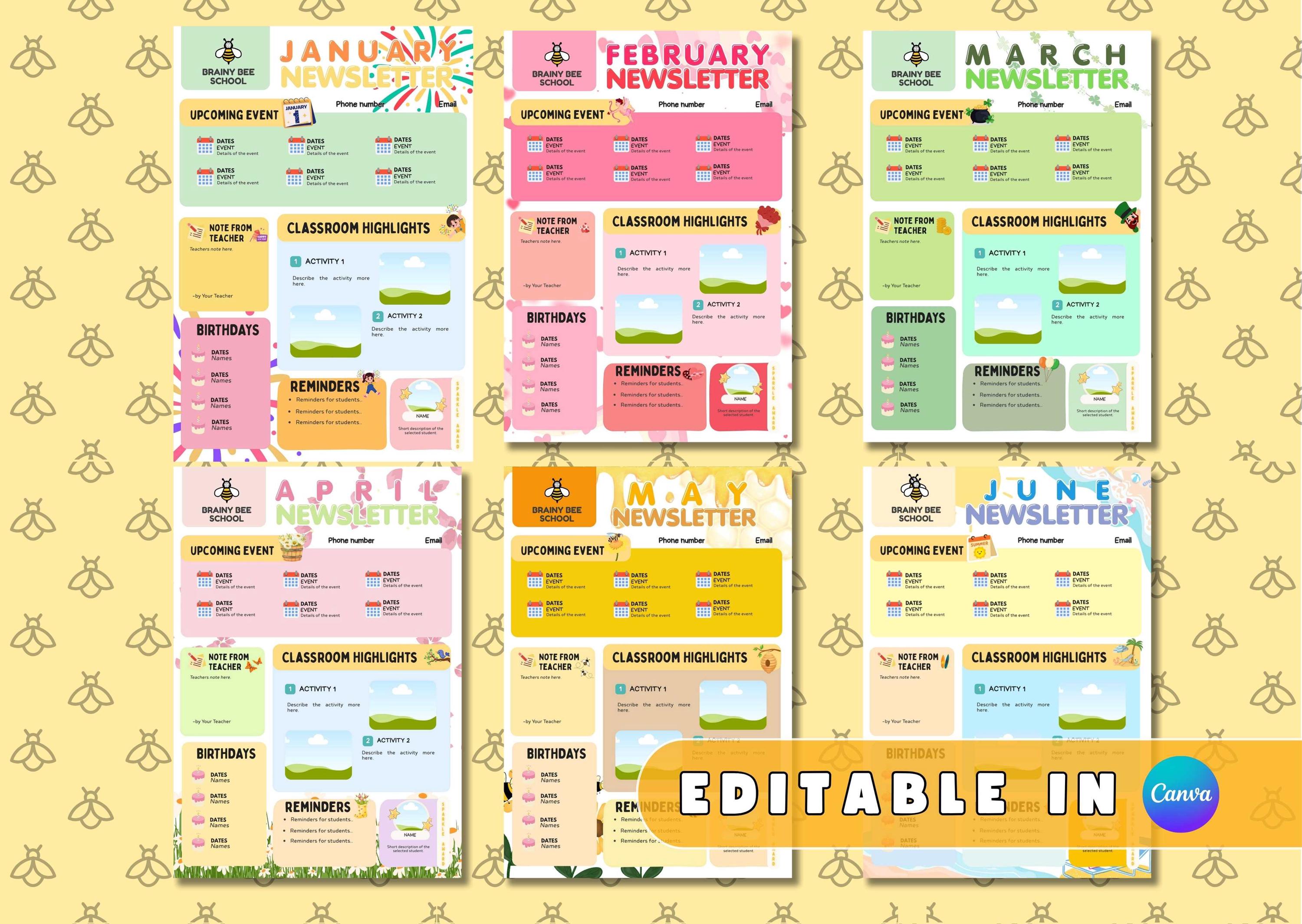 Monthly Newsletter Template Editable School 12 Months Newsletter ...